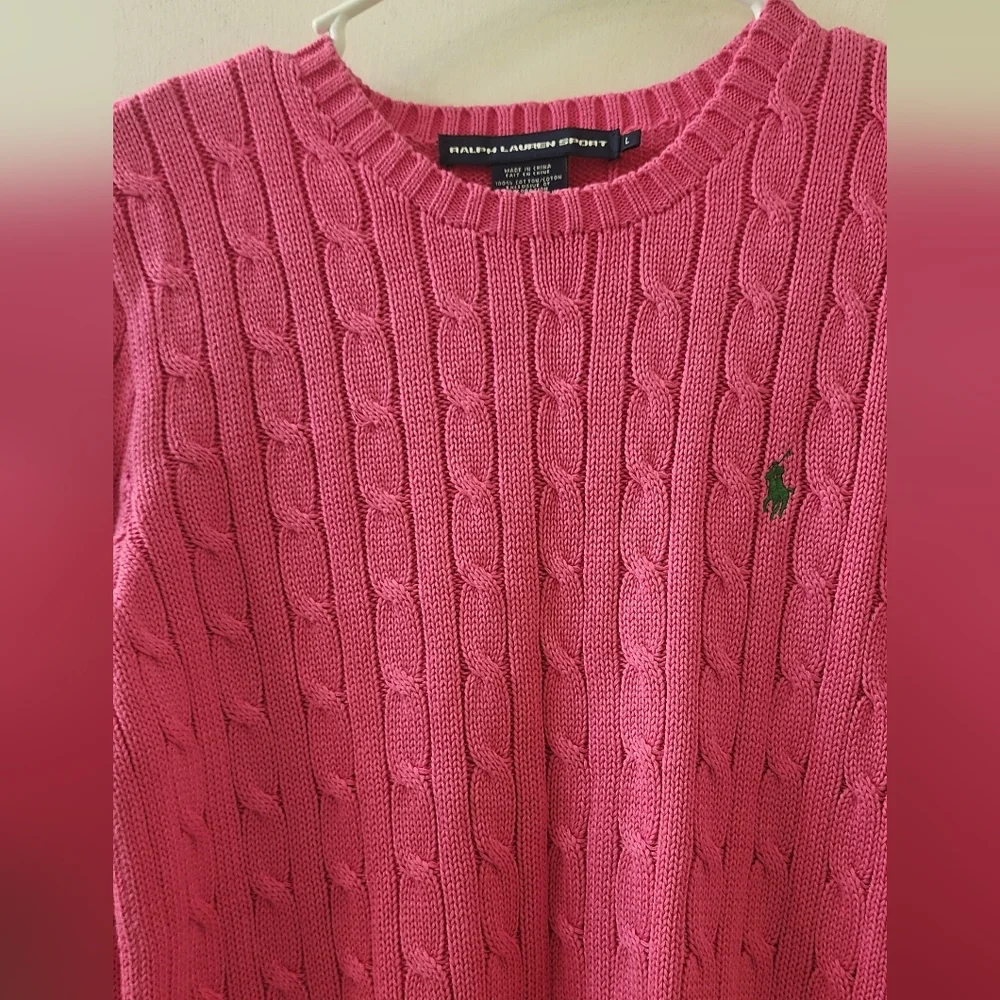 Ralph Lauren Sport Women's Pink Cable Knit Sweater, Size Large, Cotton.